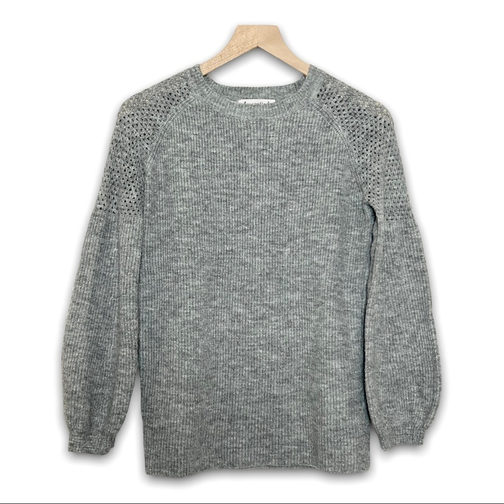 NANETTE LEPORE Crochet Shoulder Puff‎ Sleeve Ribbed Crew Neck Pullover Sweater S